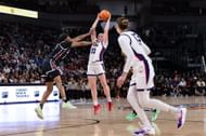 TCU guard Hailey Van LIth (#10) leaps in the air to pass the ball to center Sedona Prince (#13) during their NCAA game against the South Carolina Gamecocks on December 8, 2024, at Dickies Arena. Photo: Getty